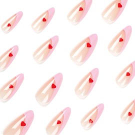 24Pcs Valentine's Day Press on Nails Long French Tip Fake Nails Heart Design False Nails Nude Glue on Nails Full Cover Glossy Press on Nails Acrylic Artificial Nail for Women Girls Nail Decoration