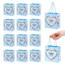 NBEADS 24 Pcs Thank You Gift Bags, 5.5x2.8x5.7Inch Heart Flower Paper Bags Gift Wrap Bags Party Favor Bags with Handle for Business Shopping Wedding Birthday Party Supplies, Light Sky Blue