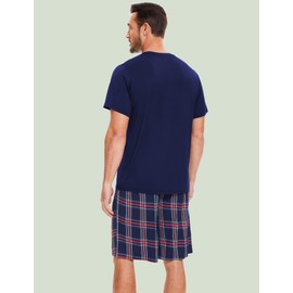 GYS Bamboo Viscose Men's Pajama Sets Short Sleeve Sleep Set with Pockets and Drawstring, Navy/Navy Plaid, Large