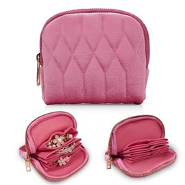 AiQInu Portagioie da Viaggio in Velluto Rosa, Astuccio con Cerniera per Donne, Custodia per Orecchini Bracciali Anelli, Organizer Multiuso per Cuffie Monete