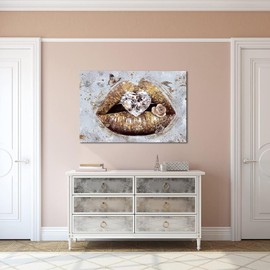Conipit Lip Canvas Wall Art Beauty Gold Lip Picture Prints Stylish Fashion Painting with Heart Diamond Artwork for Makeup Room Bedroom Salon Wall Decor 24x36 Inch