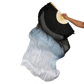 TMZAQH Women 1 Piece Right Hand Real Silk Long Belly Dance Fan Veils 150 * 90 cm (black white)
