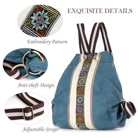 Women Canvas Backpack Daypack Casual Shoulder Bag, Vintage Heavy-duty Anti-theft Travel Backpack (Green Blue)