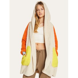 UnHide Shleepy Faux Fur Robe - Lightweight, Extra Soft, & Warm Wearable Blanket - Machine Washable - Large Patchwork Orange