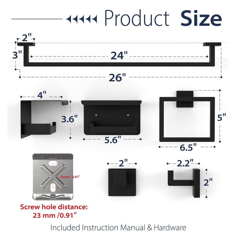 5-Piece Matte Black Bathroom Towel Bar Set,24" Bathroom Hardware Kit