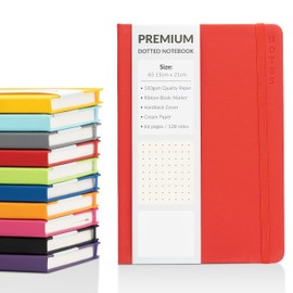 Bullet Journal A5 Dotted Notebook with Faux Leather Hardback Cover and Premium 120gsm Thick Dot Grid Paper (128 Cream Pages, Red)