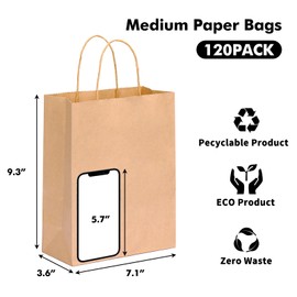 OUTUXED 120pcs Gift Bags, Brown Paper Bag with Handles 7.1x3.6x9.3in Medium Size, Shopping Bags, Kraft Bags, Retail Bags, Kraft Paper Bags for Party, Businesses