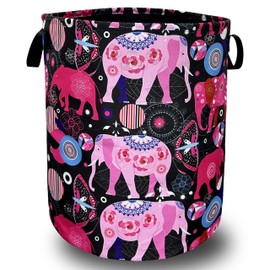 Pink Mandala Elephants Laundry Basket Foldable With Handles Boho Tote Bag Waterproof Oxford Cloth Colorful Laundry Hamper 18.9"x1 6.5 "Clothe Storage Bucket Toy Organizer For Bathroom/Laundry/Bedroom