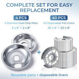 Singhoow 4 Pack Electric Stove Burner Drip Pan 2 x 6" & 2 x 8" with 40 Foil Liners, Stainless Steel Stove Burner Covers Compatible with GE Matching Structure