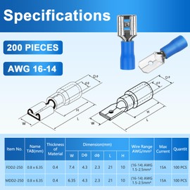 200 Pcs Female and Male Quick disconnects Spade Terminals, Blue Electrical Crimp Terminal 16-14 AWG (6.3mm) (Female-100pcs/Male-100pcs)
