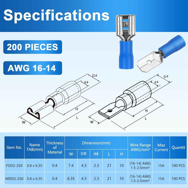 200 Pcs Female and Male Quick disconnects Spade Terminals, Blue