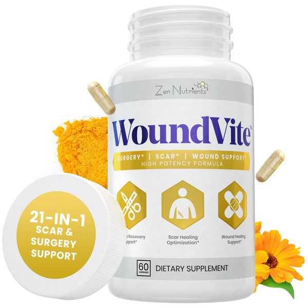 Zen Nutrients WoundVite Pre & Post Surgery Support, Scar & Wound Care, Scar Treatment, Plastic & General Surgery, Heal Faster & Aids in Recovery Time w/ Bromelain, Turmeric & Arnica - 60 Vegan Caps