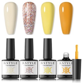 RSTYLE Semi-Permanent Nail Polish, 4 Colors Semi-Permanent Nail Glitter Nude Gel Shellac UV LED Nail Polish Manicure 6ML