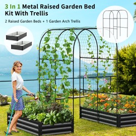 DoCred 3 in 1 Raised Garden Bed with 87in Tall Arch Trellis for Climbing Plants, Galvanized Planter Garden Box Outdoor for Gardening, Climbing Vegetables, Flower, Green
