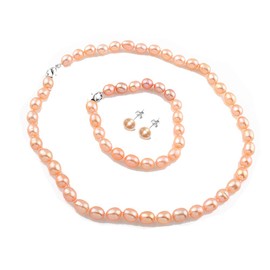 Treasure Bay 7-8Mm Cultured Pink Pearl Beaded Necklace Bracelet And Stud Earrings Set | Pearl Jewellery necklace set for Women Ladies Girls