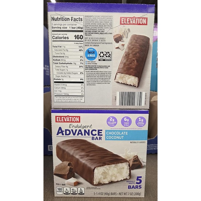Elevation Endulgent Advance Bar Chocolate Coconut 7oz 200g (Two Boxes)