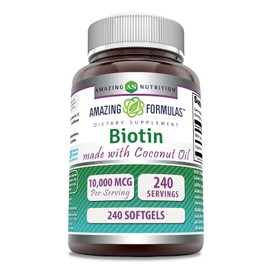 Amazing Formulas Biotin with Extra Virgin Organic Coconut Oil Supplement | 10000 Mcg | Softgels | Non-GMO | Gluten-Free | Made in USA (1 Pack, 240 Count)