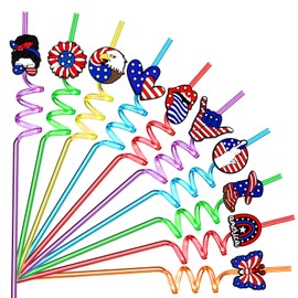 JANYUN 20Pcs Reusable Patriotic Plastic Straws, Veterans Day Party Favors Accessories Red White Blue Drinking Straws for Independence Day, Veterans Day Party Supplies Decorations