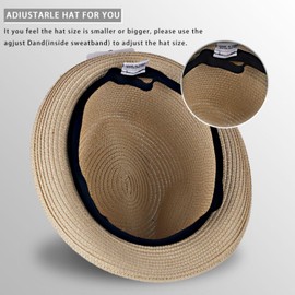 HONCO DIRECT Summer Panama Straw Fedora Hats for Men Women Trilby Hat Foldable Roll Up Short Brim Panama Beach Hat Topper Beige