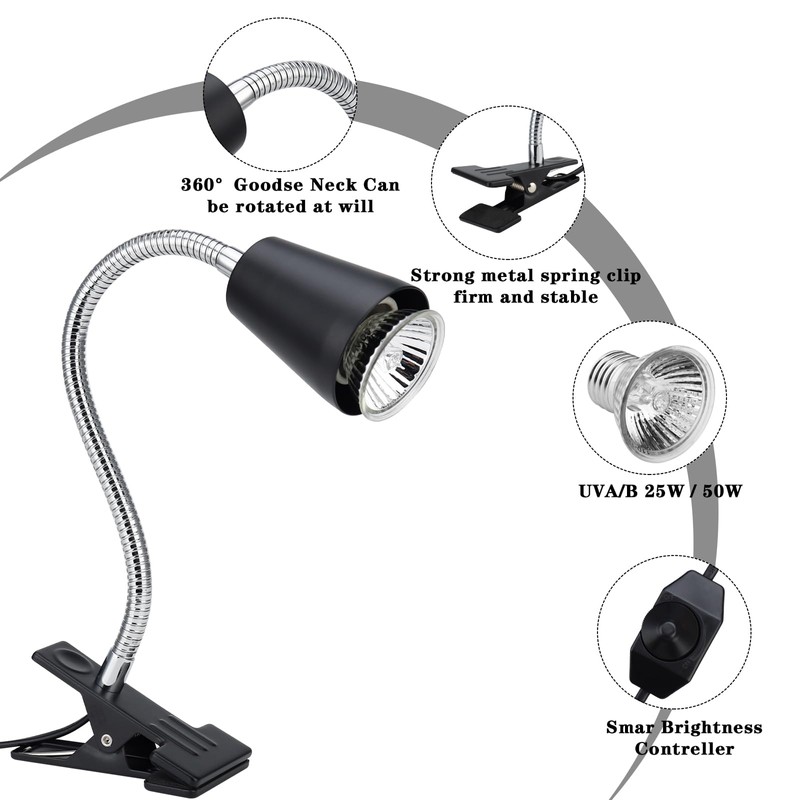 ZJNBMTFY Reptile Heat Lamp,UVA/UVB Reptile Light,360° Rotatable Clip,Turtle Heating Lamp