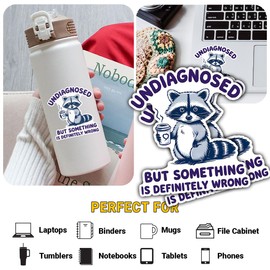 (3 Pcs) Undiagnosed But Something is Definitely Wrong Sticker Funny Raccoon Mental Health Meme – Cute Coffee Animal Quote Vinyl Decal Waterproof for Laptop, Water Bottle, Journal – 3 Inch