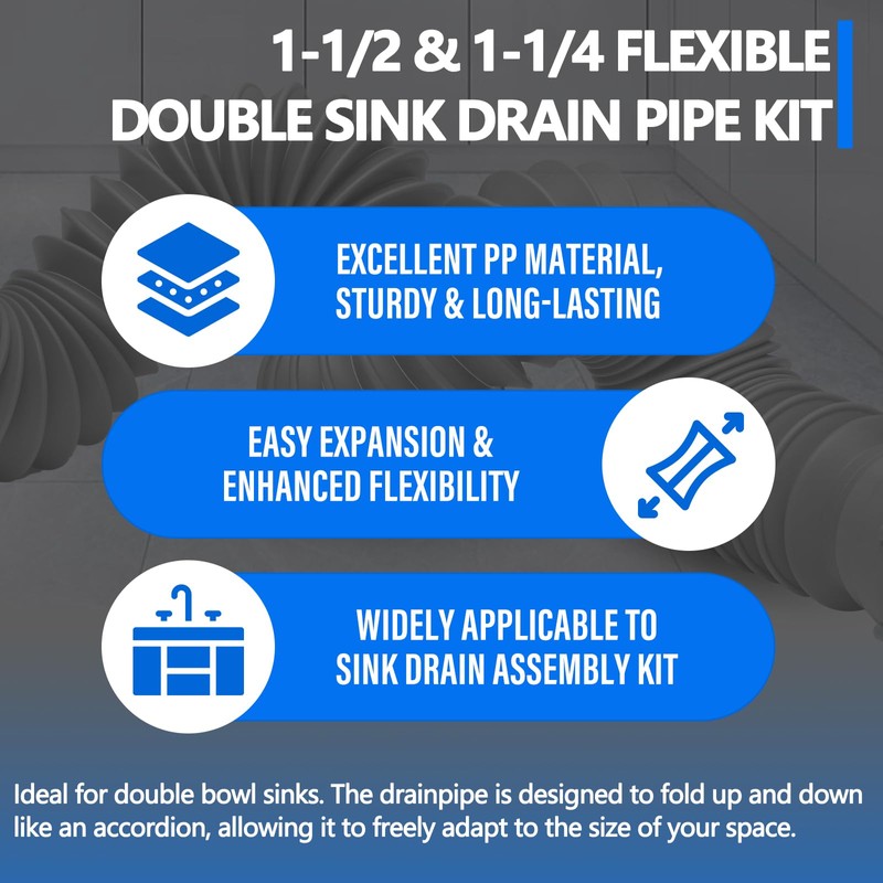 Cinsda Double Sink Drain Kit, Flexible Sink Drain Pipe 1-1/2