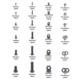 MCMASKE 750PCS Metric M2 M2.5 M3 M4 M5 M6 Nylon Phillips Pan Head Screws Hex Nuts Flat Washers Assortment Kit(Black)