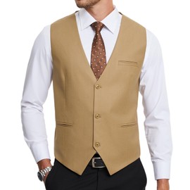 HISDERN Suit Vests for Men Formal Elegant Vest Cotton Plain V-Neck with Pockets Wedding Party Business, khaki, L