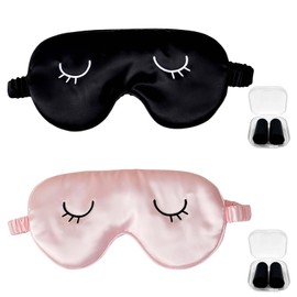 2 Stück 20 * 10cm Schlafmasken Herren Und 2 Paare Schwarze Ohrstöpfe Set,Ausdehnbar Schlafmaske Seide,Lindert Augenmüdigkeit Schlafmaske Frauen Schlafbrille für Schlafzimmer (Pink Und Schwarz)