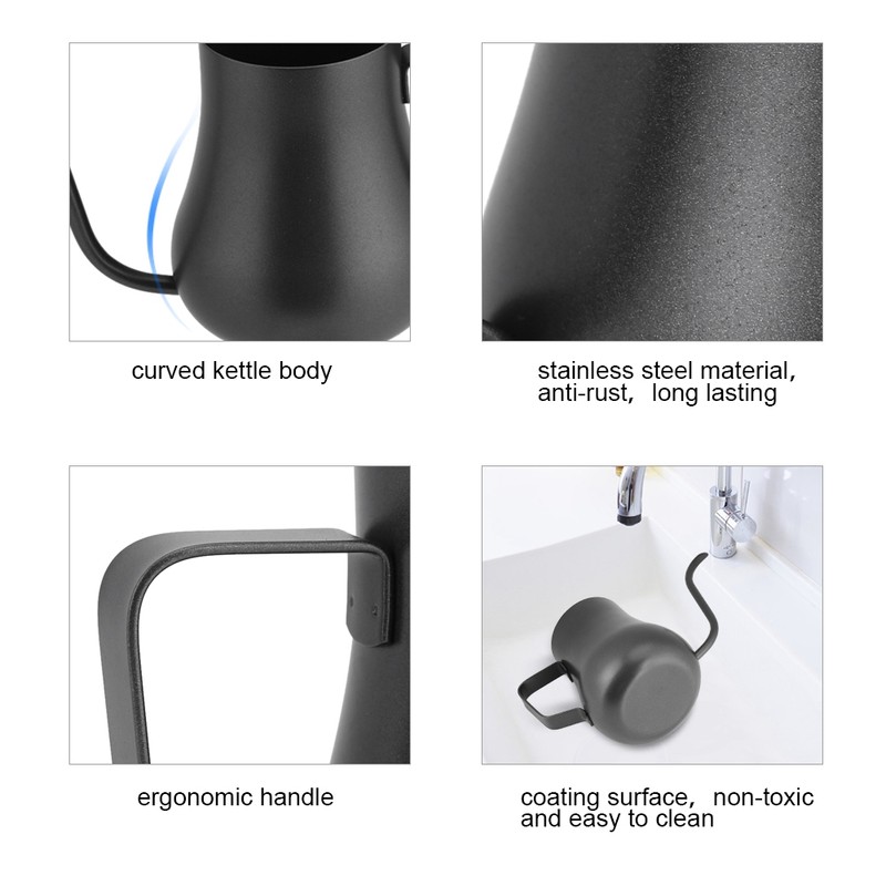 280mL Black Stainless Steel Drip Coffee Pot Gooseneck Long Mouth