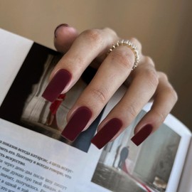 KQueenest Matte Burgundy Press on Nails Long Medium Square, Fake Nails Press ons, Glue on Nails Coffin For Women, Wine Red Gel Square Tip Nails, Acrylic Nails Set for Fall Winter Decoration