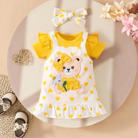 UUAISSO Baby Outfits for Girls with Heart Print Short Sleeve Romper Braces Skirt Bear Dress Bow Headband 0-18 Months, Huangse Bear, 6-12 months