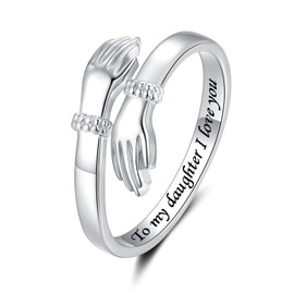 Step Forward To My Daughter Ring Adjustable: S925 Sterling Silver Wrap Hug Ring Open Hand Rings I Love You Gift Jewelry for Women - Christmas Anniversary Birthday Valentine's Day Graduation Gifts