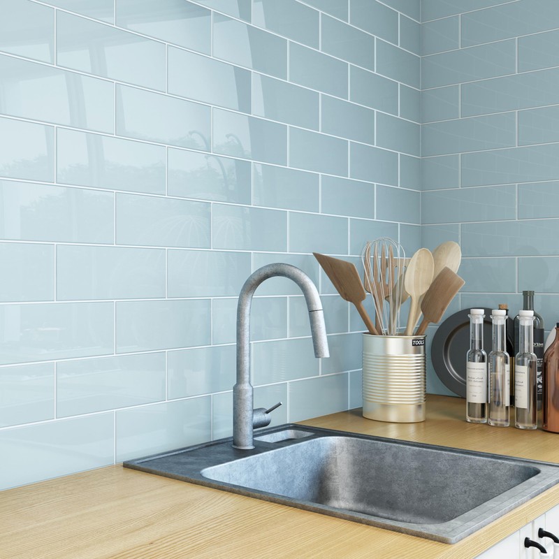 Giorbello Glass Subway Backsplash Tile, 4x4, Morning Sky Blue, Sample