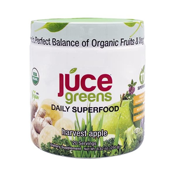 Terra Kai Organics JUCE Green Superfood Powder, Organic Fruits and Veggies Supplement W/ 77 Superfoods Plus Prebiotic Probiotic Blend, Harvest Apple Flavor - 20 Servings (230 g)