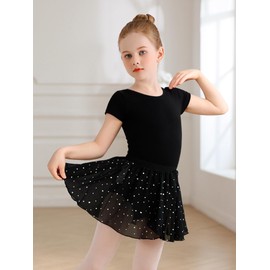 Eisnnu Children's Ballet Clothing Girls Two Piece Ballet Dress Cotton Short Sleeve Ballet Jersey with Sequins Chiffon Skirt Tutu (DE/NL/SE/PL, Numeric, 100, Regular, Black)