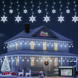 BEEWIN Christmas Snowflake Icicle Lights,8.2 FT 144 LED Snowflake Lights Outdoor with Timer,8 Modes Waterproof Connectable Christmas Light Plug in for Curtain Eave Window Indoor Outdoor Decor(White)