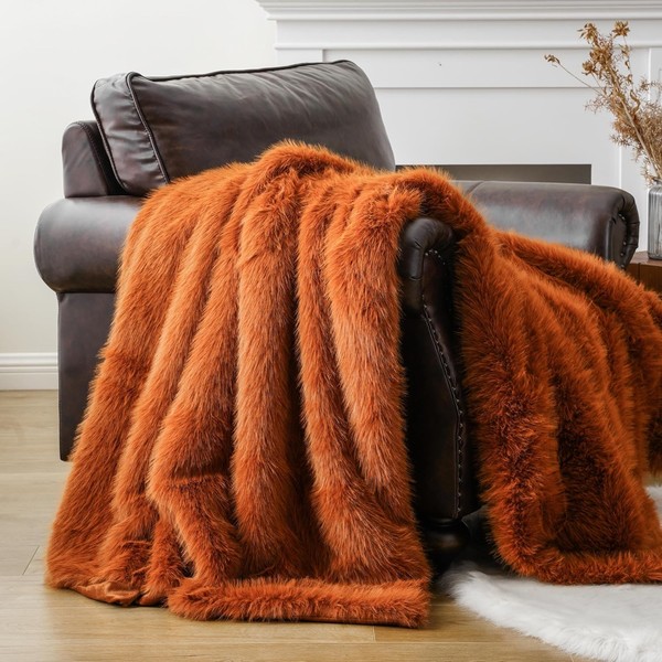 BATTILO HOME Luxury Fall Faux Fur Throw Blanket, Orange Faux