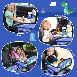 WENRENER Kids Travel Tray for Car-Car Seat Tray for Kids Travel, Carseat Table Top for Toddler Road Trip Essentials With Drawing Kit, Kids Lap Desk Organizer for Car, Airplane (Blue Dinosaur)