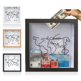 DSIOHFEI Adventure Archive Box with Slot, 8&12inch Travel Shadow Box Frame for Memories, Photo Storage Box for Keepsake, Honeymoon Fund Box for Coin, Souvenir, Tickets, Picture (Log Color, 8*8'')