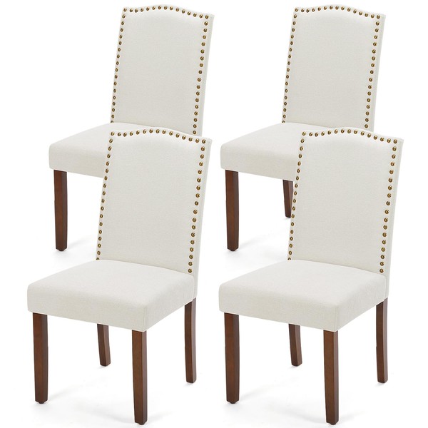 Sweetcripy Dining Chairs Set of 4, High-end Upholstered Fabric Dining Room Chair with Nailhead Trim and Wood Legs, Dining Room Kitchen Side Chair for Bedroom, Living Room, Dining Room, Beige