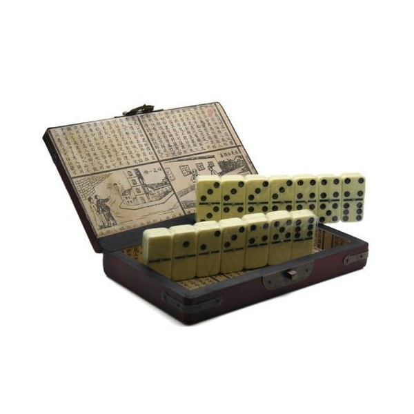 Asian Home Collectible Ivory Color Domino Game with Chinese Storage Case