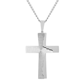 Mens Cross Necklace Chain Stainless Steel Jewelry 24" Chain with Pendant Lords Prayer for Men Gray