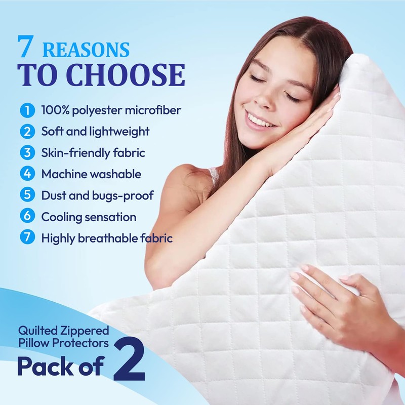 Eutony Pillow Protectors 2 Pack Quilted Zipped - Ultra Luxe