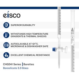 EISCO Lab Burette, 50mL - Schellbach Design for Accurate Miniscus Reading - Class A - 0.1mL White Graduations - Glass Stopcock - Borosilicate Glass Buret