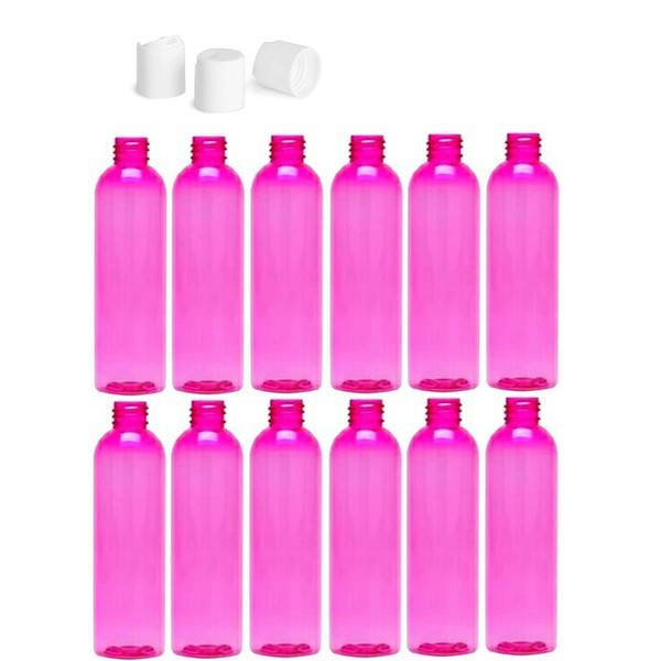 2 Ounce (60 ml) Cosmo Round Bottles, PET Plastic Empty Refillable BPA-Free, with White Press Down Disc Caps (Pack of 12) (Pink)