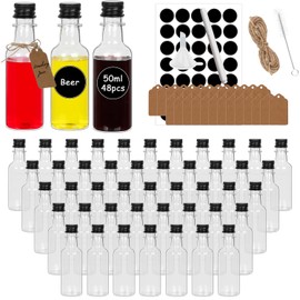 HYCKee [48 Pack Mini Alcohol Bottles 50ml, Miniature Alcohol Bottles With Black Screw Caps for Sloe Gin Sauce Spirit Syrup Oil Liquids, Mini Shots Small Plastic Bottles With Funnel Labels