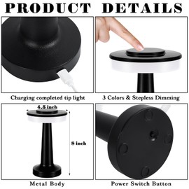 VIHOSE Set of 8 LED Portable Cordless Table Lamp with Touch Sensor 3 Color Stepless Dimming Rechargeable Battery up to 15 Hours Cordless Lamp Table Light Wireless Lamp for Kids Nursery (Black)