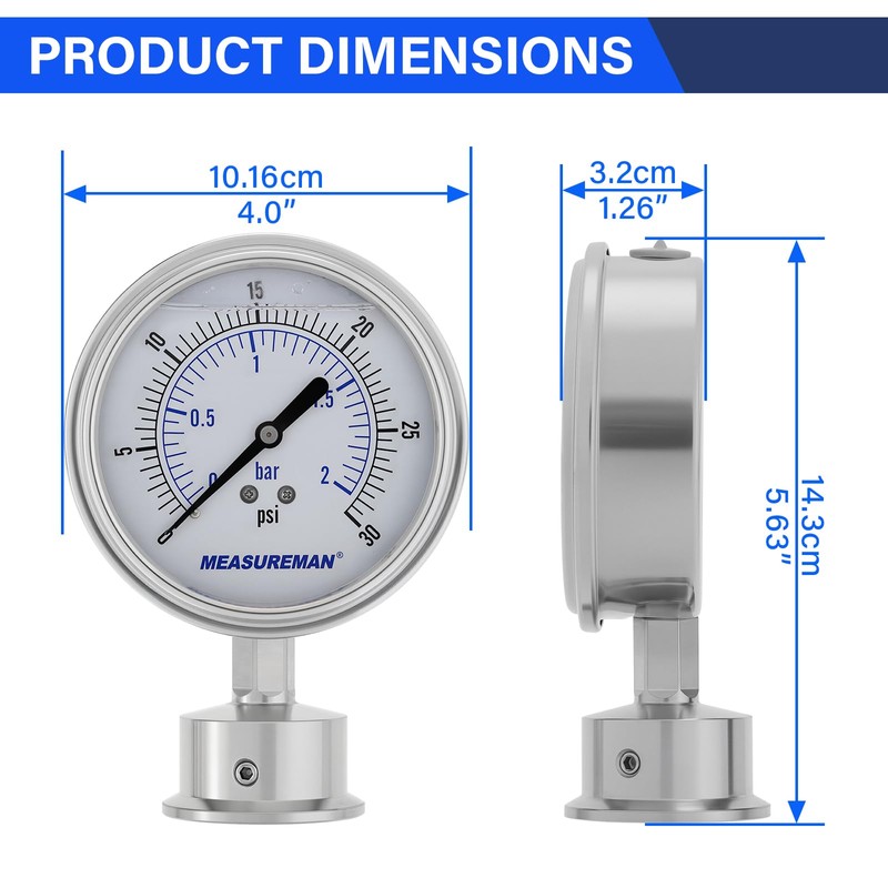 MEASUREMAN 0-30 PSI Sanitary Pressure Gauge - Liquid Filled Stainless