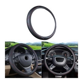 JNNJ Steering Wheel Cover Car Breathable Universal Steering Wheel Cover Sport Non-Slip Universal 38 cm Steering Wheel Cover Genuine Leather Anti Slip (Red Line)